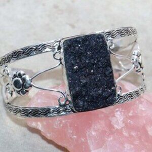 Black Agate Druzy Bangle Cuff .925 Sterling Silver Overlay Bracelet